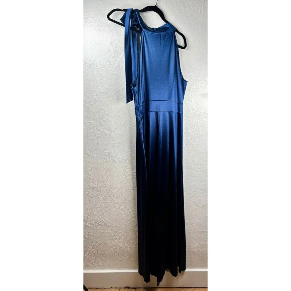 NWT Haisora Blue Satin Halter Neck Maxi Dress‎ Bow Tie Detail Sz XL Prom Formal